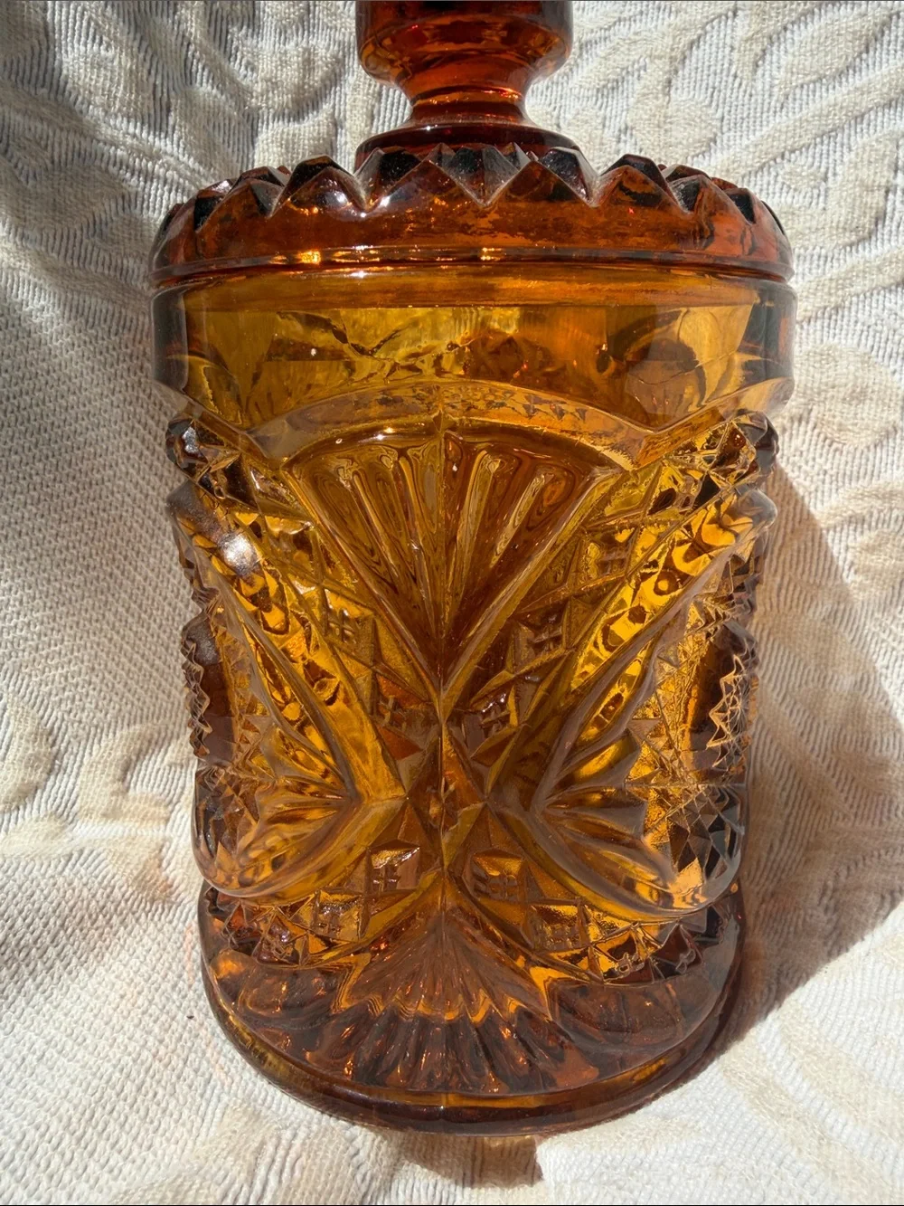 Vintage Amber Cut Glass Covered Jar - Vintage